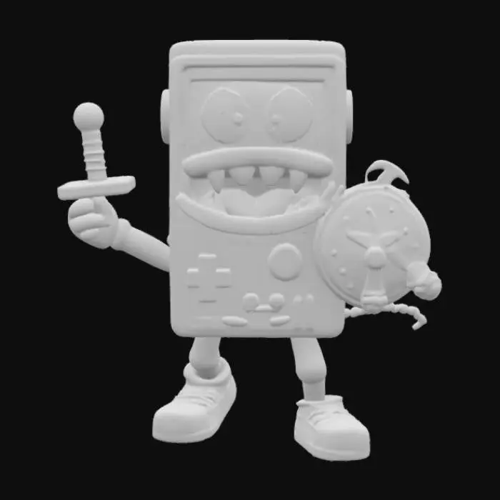 3D model for Nintendo game boy monster rectangle game boy body with a monster mouth arms and legs game asset battle ready holding a shield and a sword in a cartoon style oversized characteristics