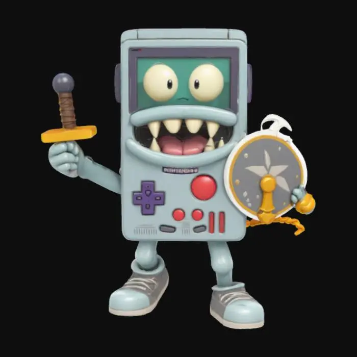 3D model for Nintendo game boy monster rectangle game boy body with a monster mouth arms and legs game asset battle ready holding a shield and a sword in a cartoon style oversized characteristics