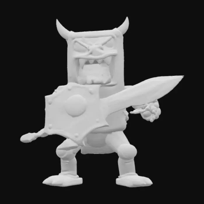 3D model for Nintendo game boy monster rectangle game boy body with a monster mouth arms and legs game asset battle ready holding a shield and a sword in a cartoon style oversized characteristics