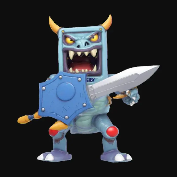 3D model for Nintendo game boy monster rectangle game boy body with a monster mouth arms and legs game asset battle ready holding a shield and a sword in a cartoon style oversized characteristics