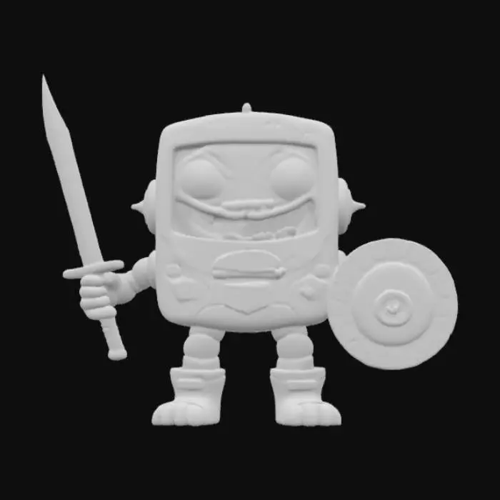 3D model for Sega game gear monster rectangle game boy body with a monster mouth arms and legs game asset battle ready holding a shield and a sword in a cartoon style oversized characteristics