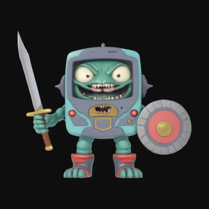 3D model for Sega game gear monster rectangle game boy body with a monster mouth arms and legs game asset battle ready holding a shield and a sword in a cartoon style oversized characteristics