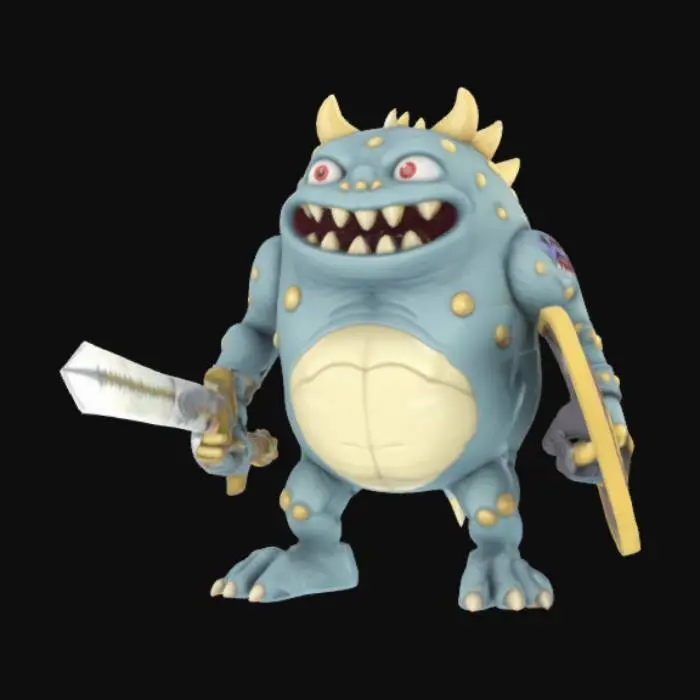 3D model for Nintendo game boy monster game boy body with a monster mouth arms and legs game asset battle ready holding a shield and a sword