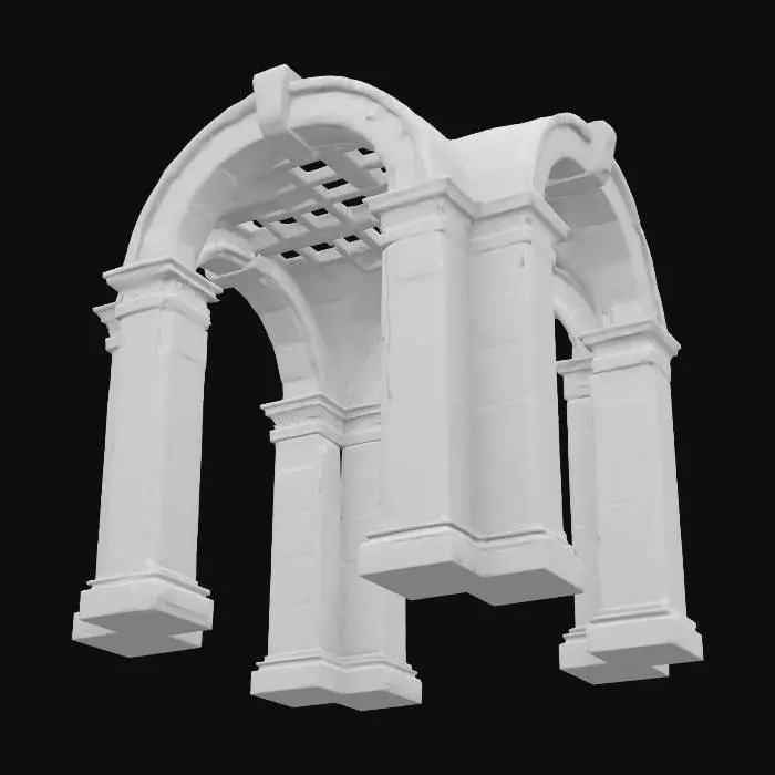 3D model for Create a 4K game-ready realistic 3D model of a monumental stone archway The arch is light gray with classical detailing, coffered inner ceiling,  atop rectangular stone pedestals, The scene is symmetrical and grounded on a dirt path leading into a treelined background. Capture natural stone textures highly detailed stone hand made realism., #arch#, 









