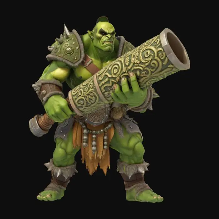 3D model for orc barbarian with stone hand made armor holding a stone canon 