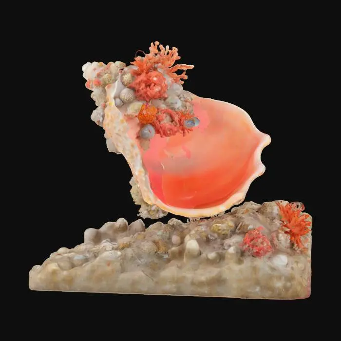 3D model for beautiful conk seashell covered in coral , #ocean#