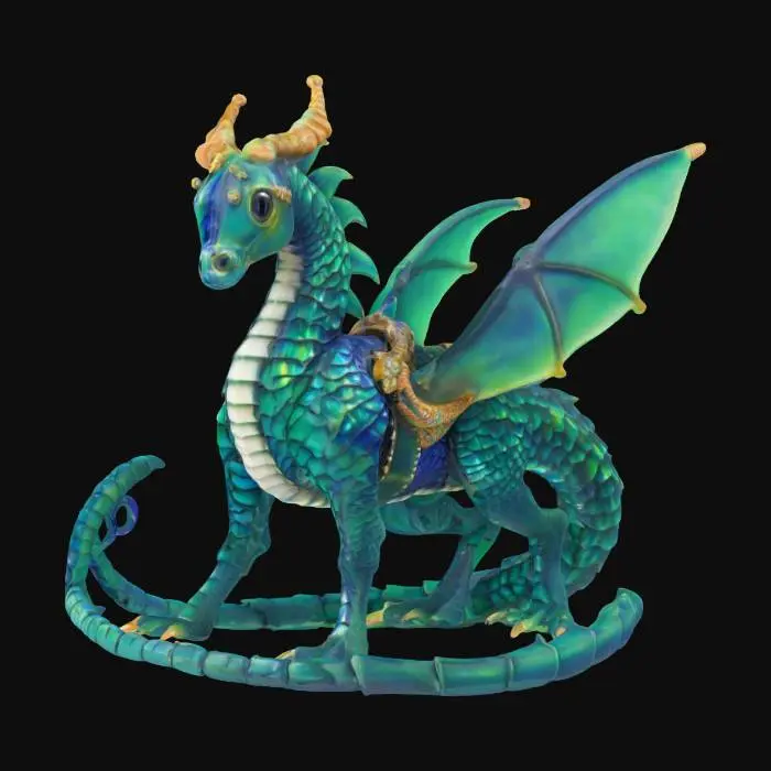 3D model for A magnificent, imposing seahorse, scaled for battle, boasts a robust, armored body of deep sapphire blue, with iridescent scales that shift to emerald green along its ridge and fins. Its powerful, prehensile tail is coiled, ready for propulsion, and its large eyes convey ancient wisdom. It wears a saddle crafted from polished, hardened coral and tough, woven bioluminescent kelp, secured by a complex bridle of similar materials, giving it a rigid yet organic feel.