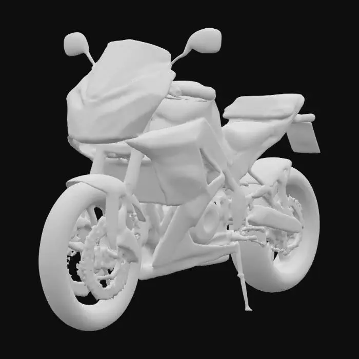 3D model for A sleek, futuristic sport motorcycle with a highly aerodynamic and angular silhouette. Its body is primarily a dark, matte black, possibly a carbon fiber composite, giving it a subtle, textured appearance, and is visibly splattered with water droplets. Bright, neon orange lines accent its frame, wheels, and front cowl, acting as striking illumination. The overall material appears to be a durable, high-tech composite and metal, smooth and cool to the touch, emphasizing its powerful and cutting-edge design.
