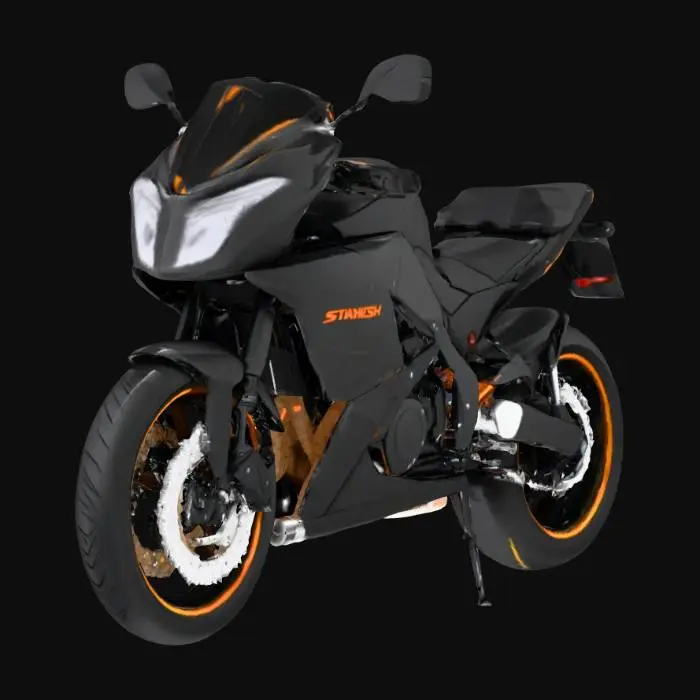 3D model for A sleek, futuristic sport motorcycle with a highly aerodynamic and angular silhouette. Its body is primarily a dark, matte black, possibly a carbon fiber composite, giving it a subtle, textured appearance, and is visibly splattered with water droplets. Bright, neon orange lines accent its frame, wheels, and front cowl, acting as striking illumination. The overall material appears to be a durable, high-tech composite and metal, smooth and cool to the touch, emphasizing its powerful and cutting-edge design.