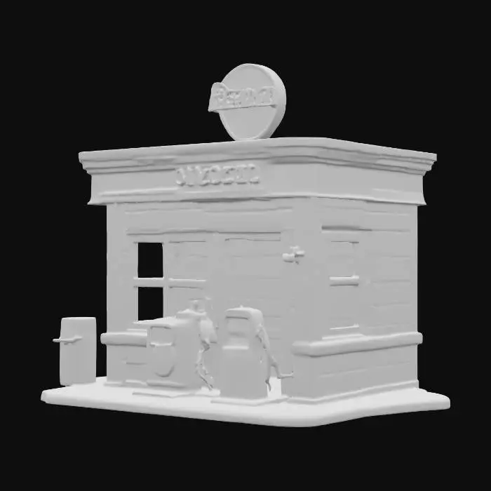 3D model for A detailed book nook featuring the miniaturized front of a retro gas station. The compact structure includes a cream-colored building facade with clear windows and a small entrance door, all made from smooth, painted wood. A wide, flat canopy extends over two tiny, silver-toned metal fuel pumps. A tall, slender pole supports a vintage-style sign with red and white branding. The ground is a dark grey, subtly textured asphalt, and the entire piece appears clean and meticulously crafted.