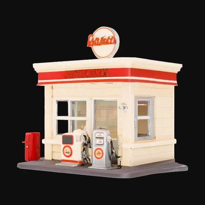 3D model for A detailed book nook featuring the miniaturized front of a retro gas station. The compact structure includes a cream-colored building facade with clear windows and a small entrance door, all made from smooth, painted wood. A wide, flat canopy extends over two tiny, silver-toned metal fuel pumps. A tall, slender pole supports a vintage-style sign with red and white branding. The ground is a dark grey, subtly textured asphalt, and the entire piece appears clean and meticulously crafted.