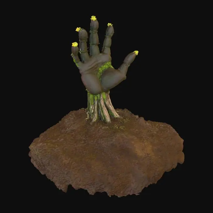 3D model for A peculiar "hand plant" emerges from the soil, its thick, central stalk splitting into five distinct, branch-like formations that eerily resemble human fingers. These digits are covered in small, waxy, dark green leaves, giving them a slightly coarse, yet firm, texture. The main stem and finger-like branches are a mottled brown and grey, like aged bark, with visible ridges and grooves. At the tips of its "fingers," delicate, pale yellow flowers bloom, contrasting with the plant's gnarled, root-like appearance.