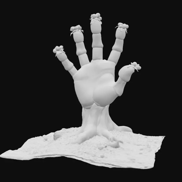 3D model for A peculiar "hand plant" emerges from the soil, its thick, central stalk splitting into five distinct, branch-like formations that eerily resemble human fingers. These digits are covered in small, waxy, dark green leaves, giving them a slightly coarse, yet firm, texture. The main stem and finger-like branches are a mottled brown and grey, like aged bark, with visible ridges and grooves. At the tips of its "fingers," delicate, pale yellow flowers bloom, contrasting with the plant's gnarled, root-like appearance.