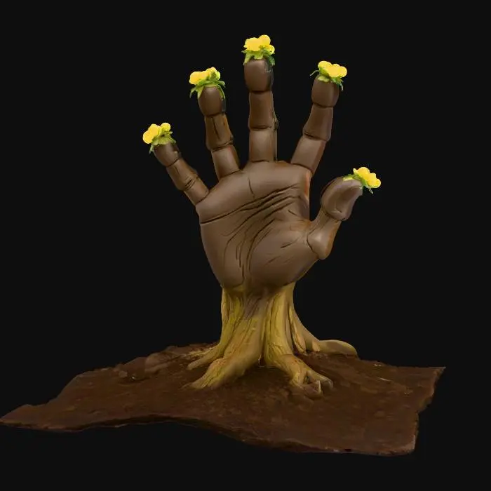 3D model for A peculiar "hand plant" emerges from the soil, its thick, central stalk splitting into five distinct, branch-like formations that eerily resemble human fingers. These digits are covered in small, waxy, dark green leaves, giving them a slightly coarse, yet firm, texture. The main stem and finger-like branches are a mottled brown and grey, like aged bark, with visible ridges and grooves. At the tips of its "fingers," delicate, pale yellow flowers bloom, contrasting with the plant's gnarled, root-like appearance.