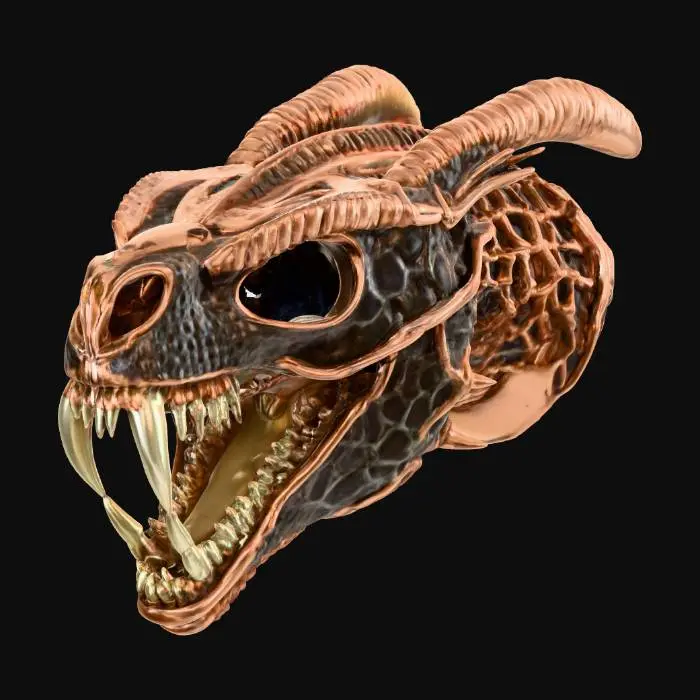 3D model for A in the shape of a dragon skull made from metal coper mesh , #PBR#