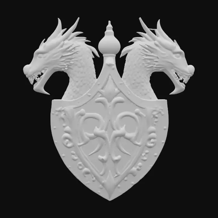 3D model for #PBR#, a crest medieval style with double dragon heads on the face it is in a oval shape with a flat back , #PBR#