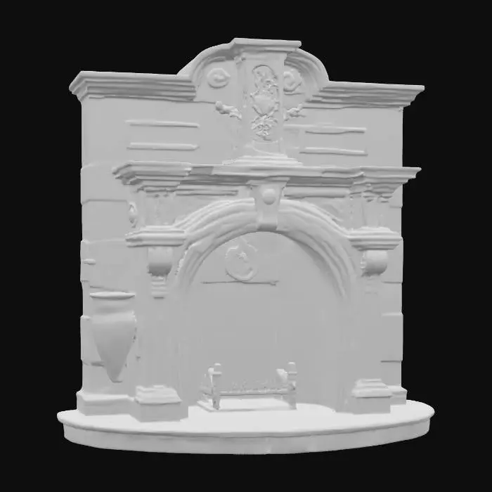 3D model for Highly detailed medieval fireplace game assets on an oval base The fireplace is made out of granite and stone with a mantle and very short chimney. Detailed wood inside of the fireplace