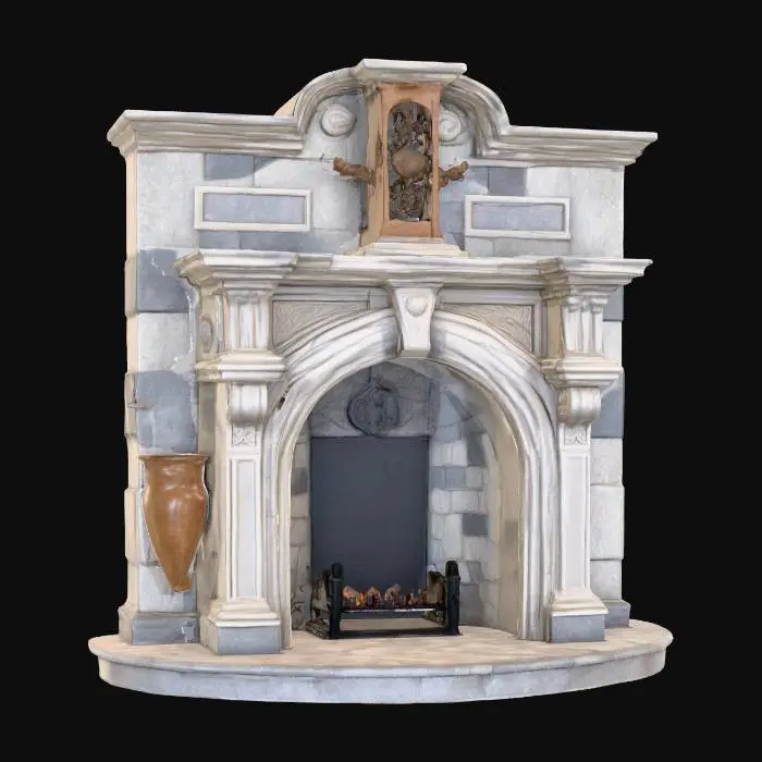 3D model for Highly detailed medieval fireplace game assets on an oval base The fireplace is made out of granite and stone with a mantle and very short chimney. Detailed wood inside of the fireplace