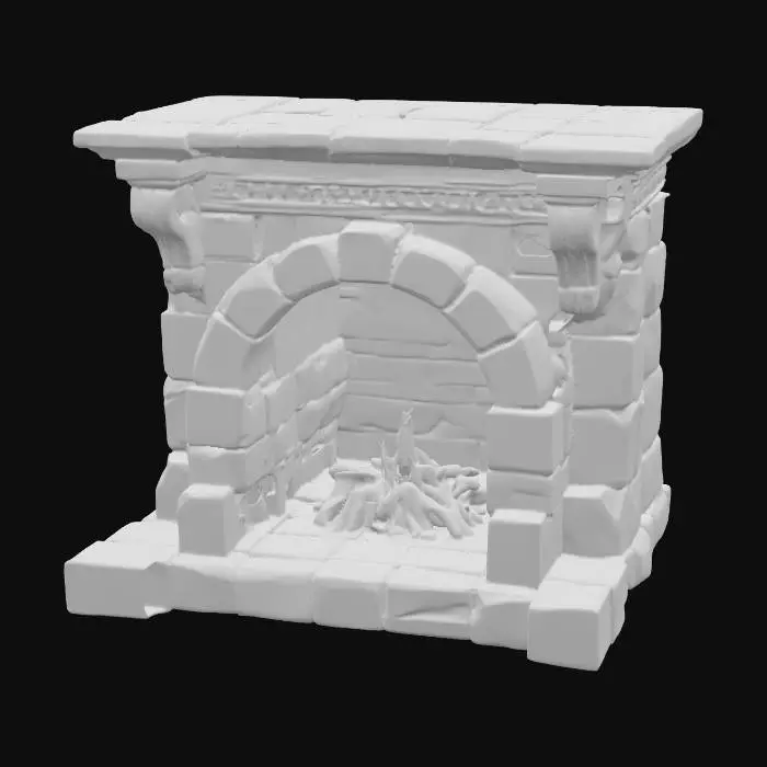 3D model for Highly detailed medieval fireplace game assets on an oval base The fireplace is made out of granite and stone with a mantle and very short chimney. Detailed wood inside of the fireplace