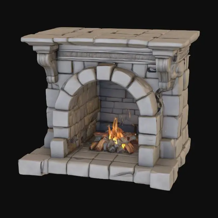 3D model for Highly detailed medieval fireplace game assets on an oval base The fireplace is made out of granite and stone with a mantle and very short chimney. Detailed wood inside of the fireplace