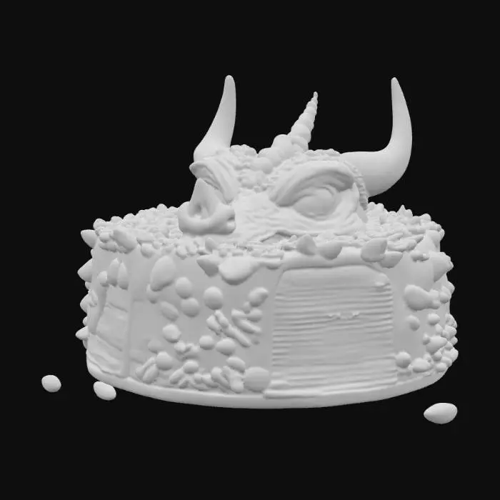 3D model for A dragon head made out of cake with a slice cut out of it to show the icing and cake layers , #food#