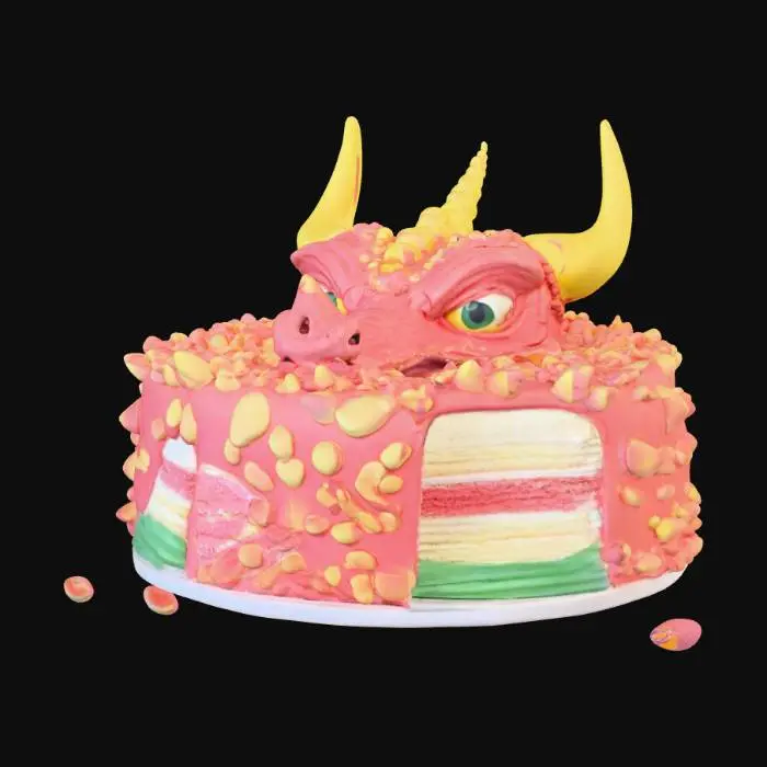 3D model for A dragon head made out of cake with a slice cut out of it to show the icing and cake layers , #food#