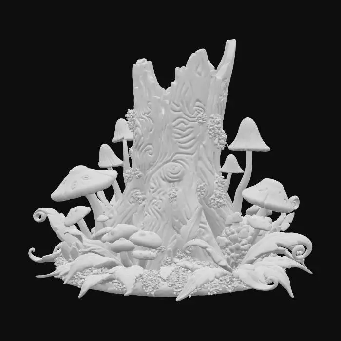 3D model for a stylized stump base in a fantasy dnd style highly detailed mushrooms and leaf's  