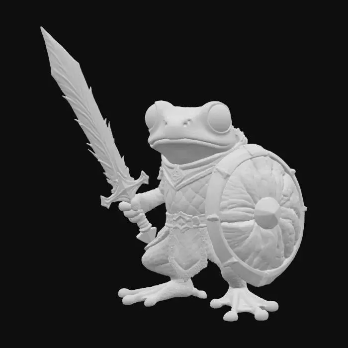3D model for Highly stylized medieval tiny poison dart frog warrior with a sword and shield highly detailed. The sword looks like it was handcrafted out of a large blade of grass and the shield is a large walnut shell