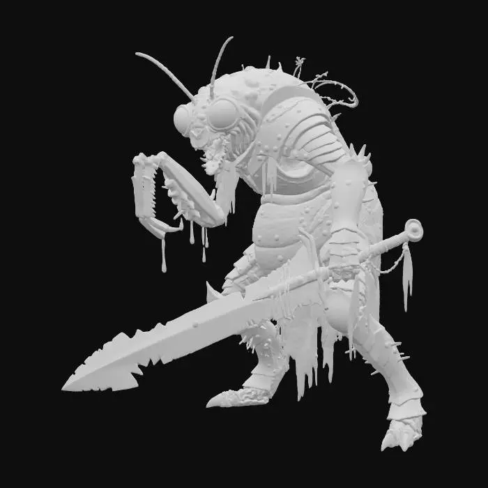 3D model for A disgusting praying mantis warrior character He is in a menacing hunched over position
