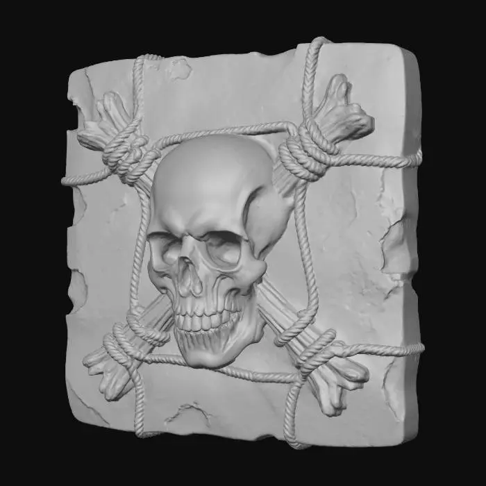 3D model for An unsettling relic, presented as a relief sculpture of a skull and crossbones on a square, irregularly shaped base. The base is an ancient, metallic-looking panel, severely rusted and corroded, with a rough, flaking texture and a dull, earthy brown and grey coloration. A central, smooth, pale bone-white skull with hollow eyes and a grimace is flanked by two solid, wooden bone-like cross beams. All elements are intricately cinched together by thick, braided, tan rope, tightly knotted, creating a visual and tactile sense of decay and binding.