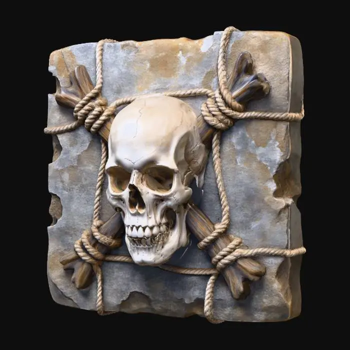 3D model for An unsettling relic, presented as a relief sculpture of a skull and crossbones on a square, irregularly shaped base. The base is an ancient, metallic-looking panel, severely rusted and corroded, with a rough, flaking texture and a dull, earthy brown and grey coloration. A central, smooth, pale bone-white skull with hollow eyes and a grimace is flanked by two solid, wooden bone-like cross beams. All elements are intricately cinched together by thick, braided, tan rope, tightly knotted, creating a visual and tactile sense of decay and binding.
