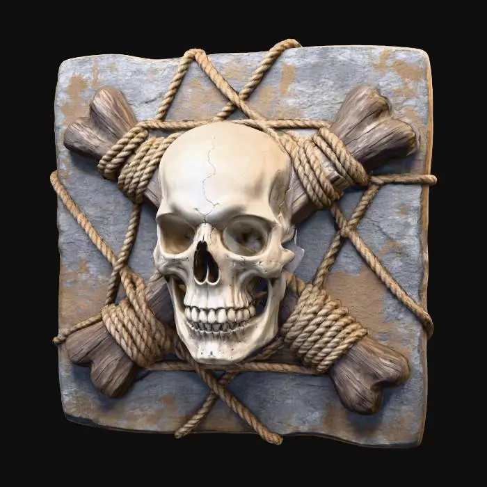 3D model for An unsettling relic, presented as a relief sculpture of a skull and crossbones on a square, irregularly shaped base. The base is an ancient, metallic-looking panel, severely rusted and corroded, with a rough, flaking texture and a dull, earthy brown and grey coloration. A central, smooth, pale bone-white skull with hollow eyes and a grimace is flanked by two solid, wooden bone-like cross beams. All elements are intricately cinched together by thick, braided, tan rope, tightly knotted, creating a visual and tactile sense of decay and binding.