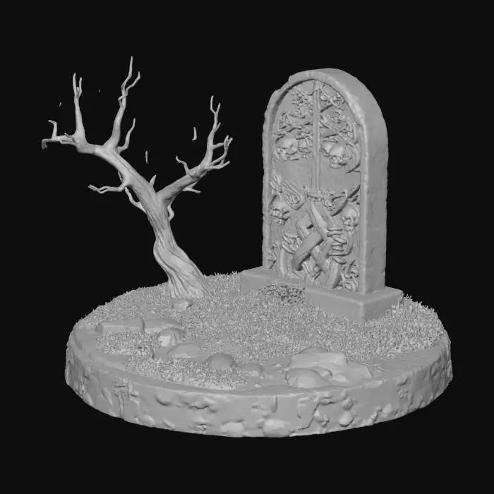 3D model for #Halloween2025#, A highly detailed stylistic graveyard scene a single gravestone a small leafless tree all on a round base