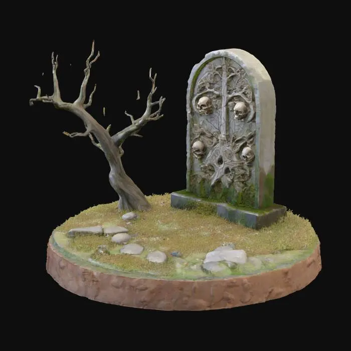 3D model for #Halloween2025#, A highly detailed stylistic graveyard scene a single gravestone a small leafless tree all on a round base