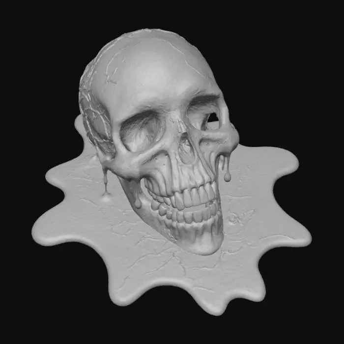 3D model for A melting scary skull highly detailed melting and turned on its side like it's made out of wax in a hot room big puddle around it , #Halloween2025#, #Halloween2025#