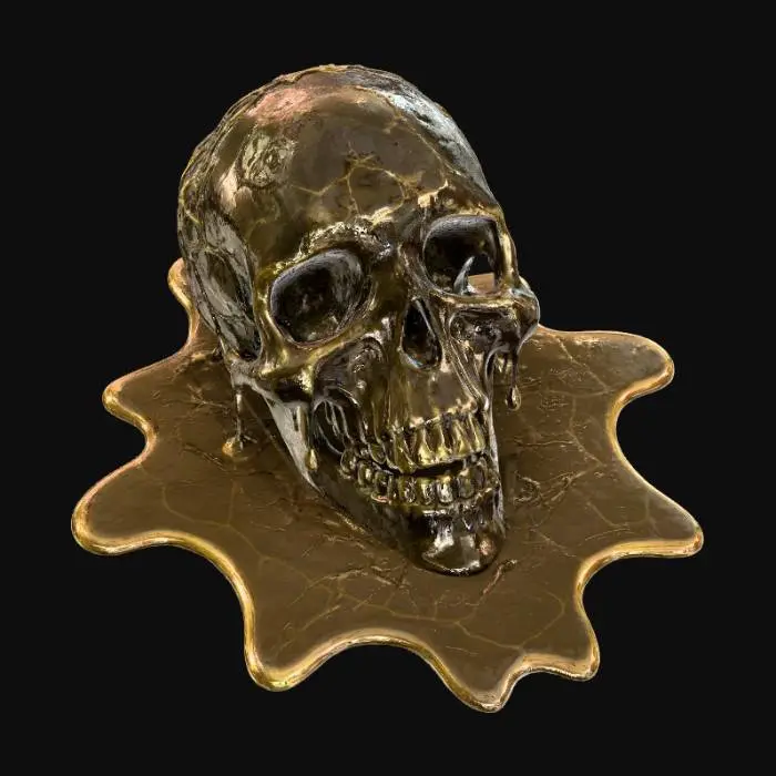 3D model for A melting scary skull highly detailed melting and turned on its side like it's made out of wax in a hot room big puddle around it , #Halloween2025#, #Halloween2025#