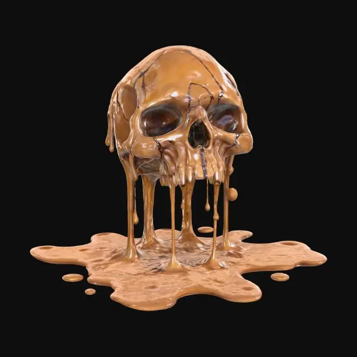3D model for A melting scary skull highly detailed melting and turned on its side like it's made out of wax in a hot room big puddle around it , #Halloween2025#, #Halloween2025#