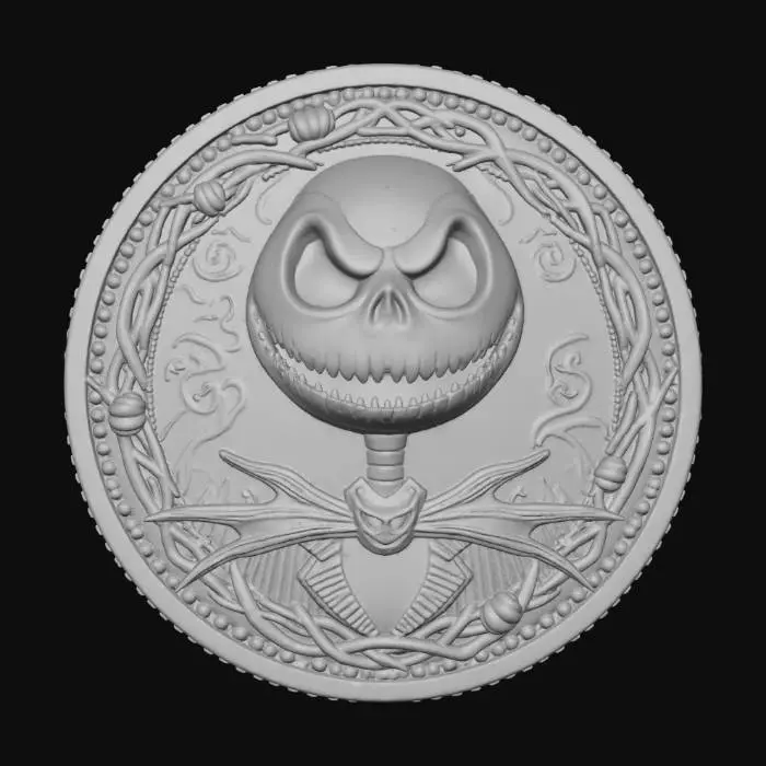 3D model for A coin with a jack skellington the pumpkin king for the face