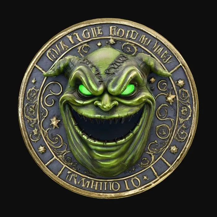3D model for #Halloween2025#, A coin with ogie boogie from the nightmare before Christmas for the face