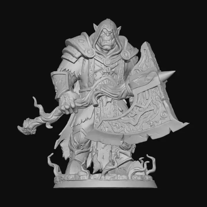 3D model for Orc Warlock figurine highly detailed holding a huge axe made of a twisted branch for a handle and the ax head is carved out of rock obsidian