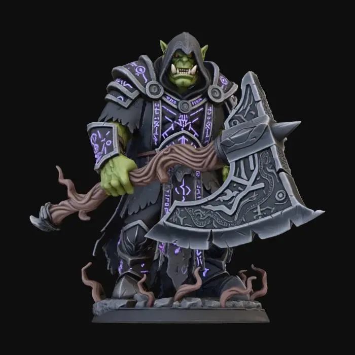 3D model for Orc Warlock figurine highly detailed holding a huge axe made of a twisted branch for a handle and the ax head is carved out of rock obsidian