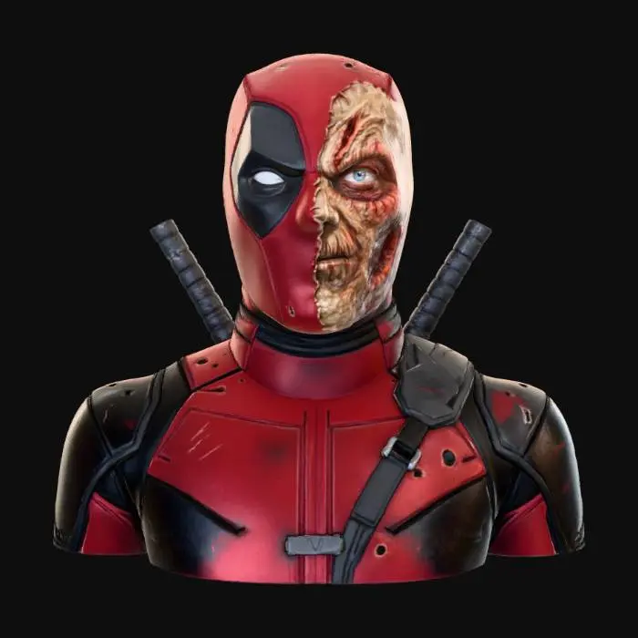 3D model for A bust of Deadpool with half his mask ripped showing his ugly face and battle wounds , #Halloween2025#