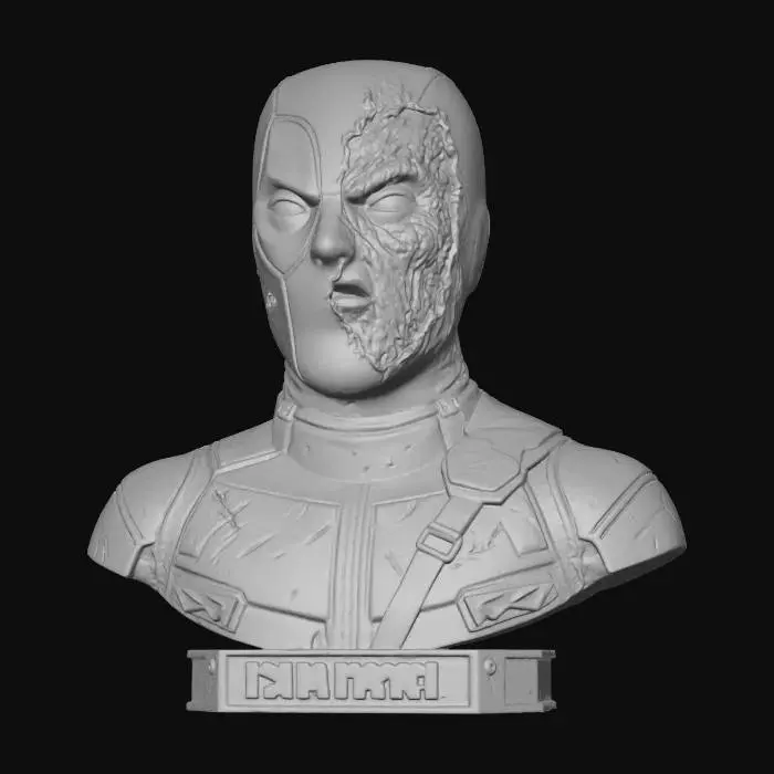 3D model for #Halloween2025#, A bust of Deadpool with half his mask ripped showing his ugly face and battle wounds