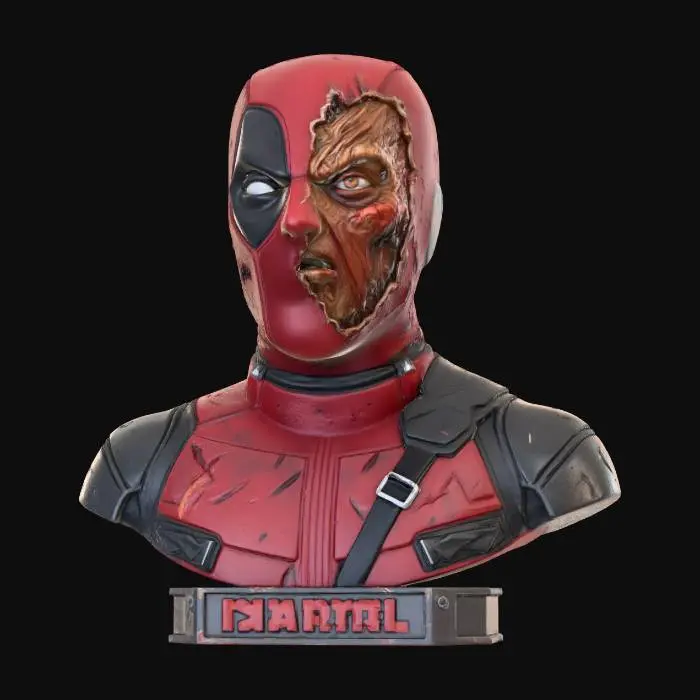 3D model for #Halloween2025#, A bust of Deadpool with half his mask ripped showing his ugly face and battle wounds