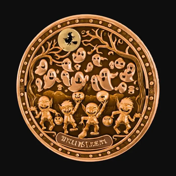 3D model for #Halloween2025#, A highly detailed stylized coin a Halloween themed scene with ghosts and goblins on the the face , #Halloween2025#