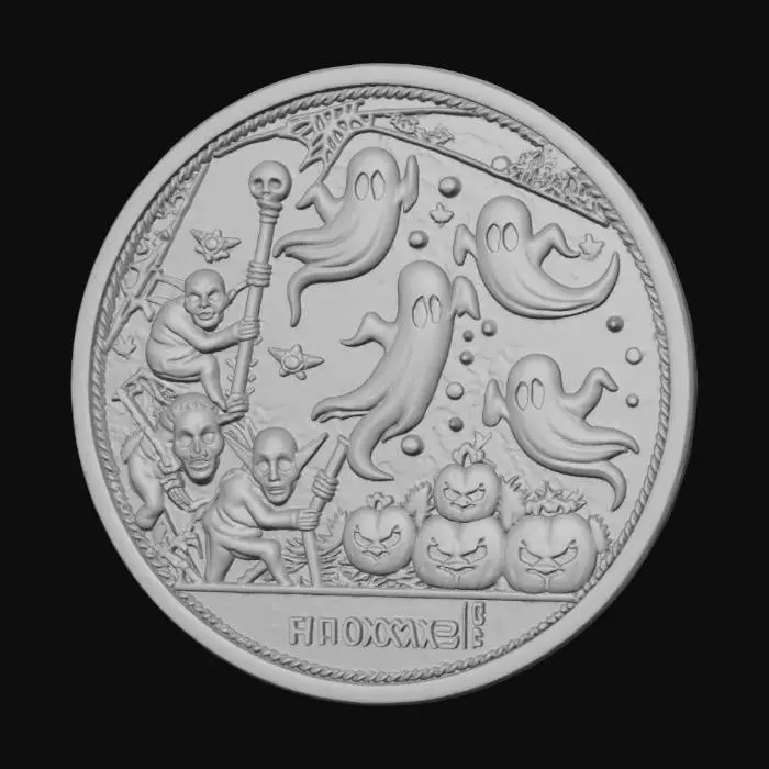 3D model for #Halloween2025#, A highly detailed stylized coin a Halloween themed scene with ghosts and goblins on the the face , #Halloween2025#