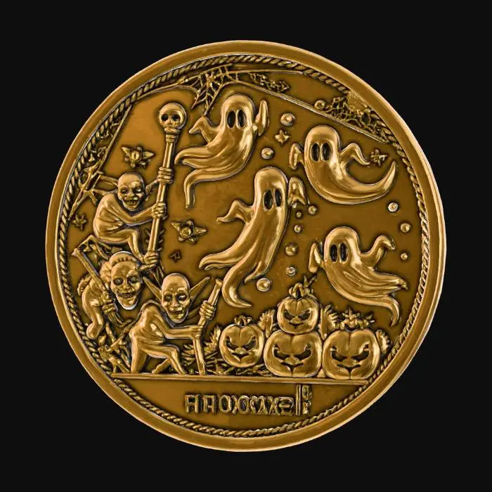 3D model for #Halloween2025#, A highly detailed stylized coin a Halloween themed scene with ghosts and goblins on the the face , #Halloween2025#