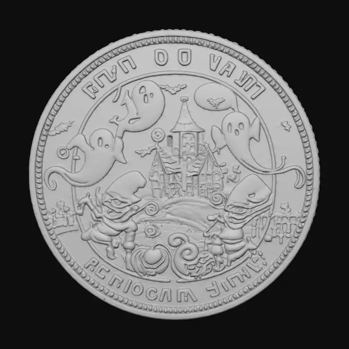3D model for #Halloween2025#, A highly detailed stylized coin a Halloween themed scene with ghosts and goblins on the the face , #Halloween2025#