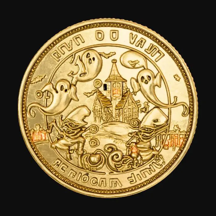 3D model for #Halloween2025#, A highly detailed stylized coin a Halloween themed scene with ghosts and goblins on the the face , #Halloween2025#