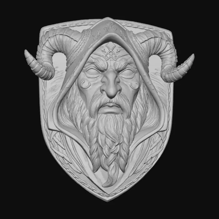 3D model for Warlock face, in a flat patch highly detailed embroidery in a shield shaped fabric patch, clear stich's and threads. Bright colorful yarn and thread